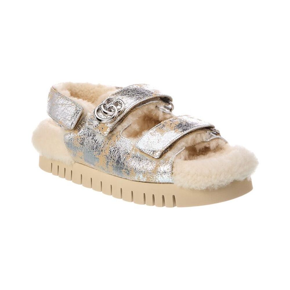 Gucci Gg Logo Leather Sandal, Silver